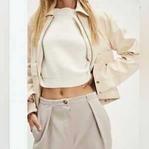 Free People Cream High-Waist Pleated Trousers